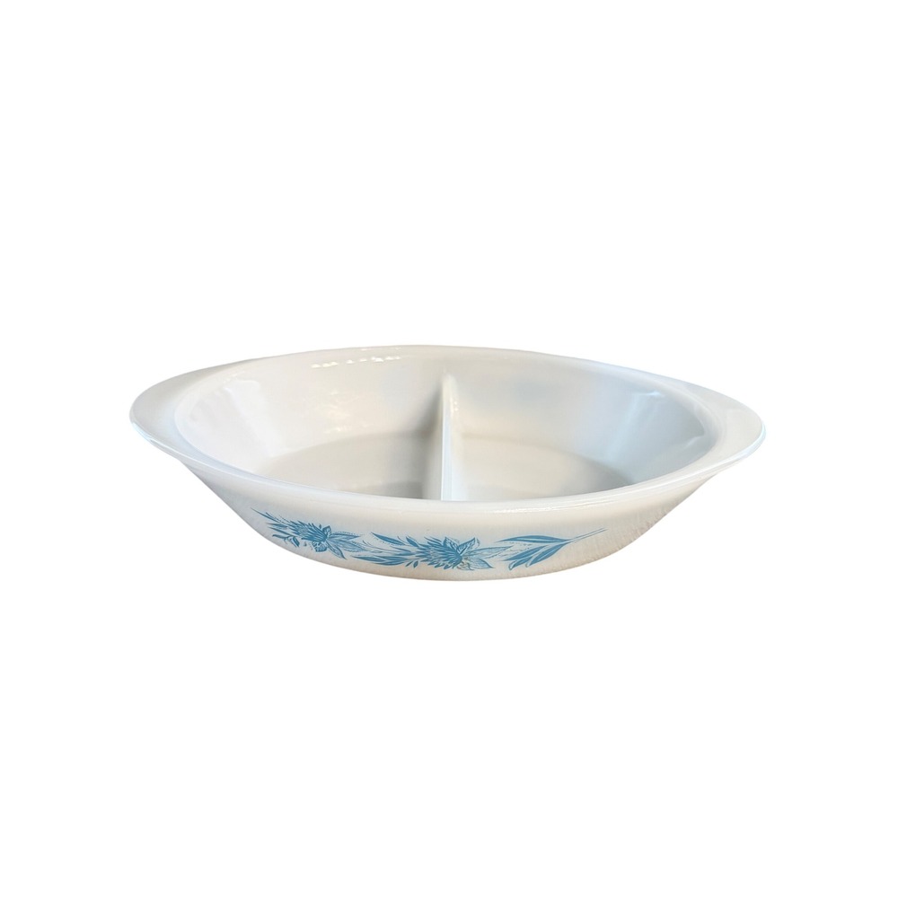 Vintage Glasbake Blue Floral Milk Glass Divided Oval Casserole Dish J-2352 USA